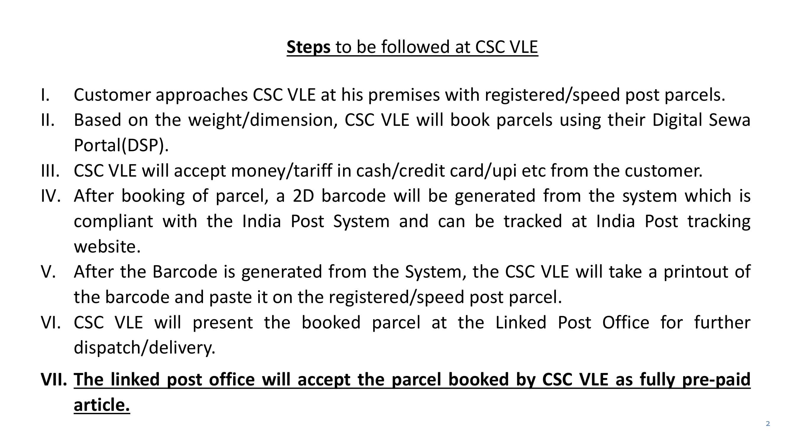Procedure for Post Office for CSC Parcel Booking